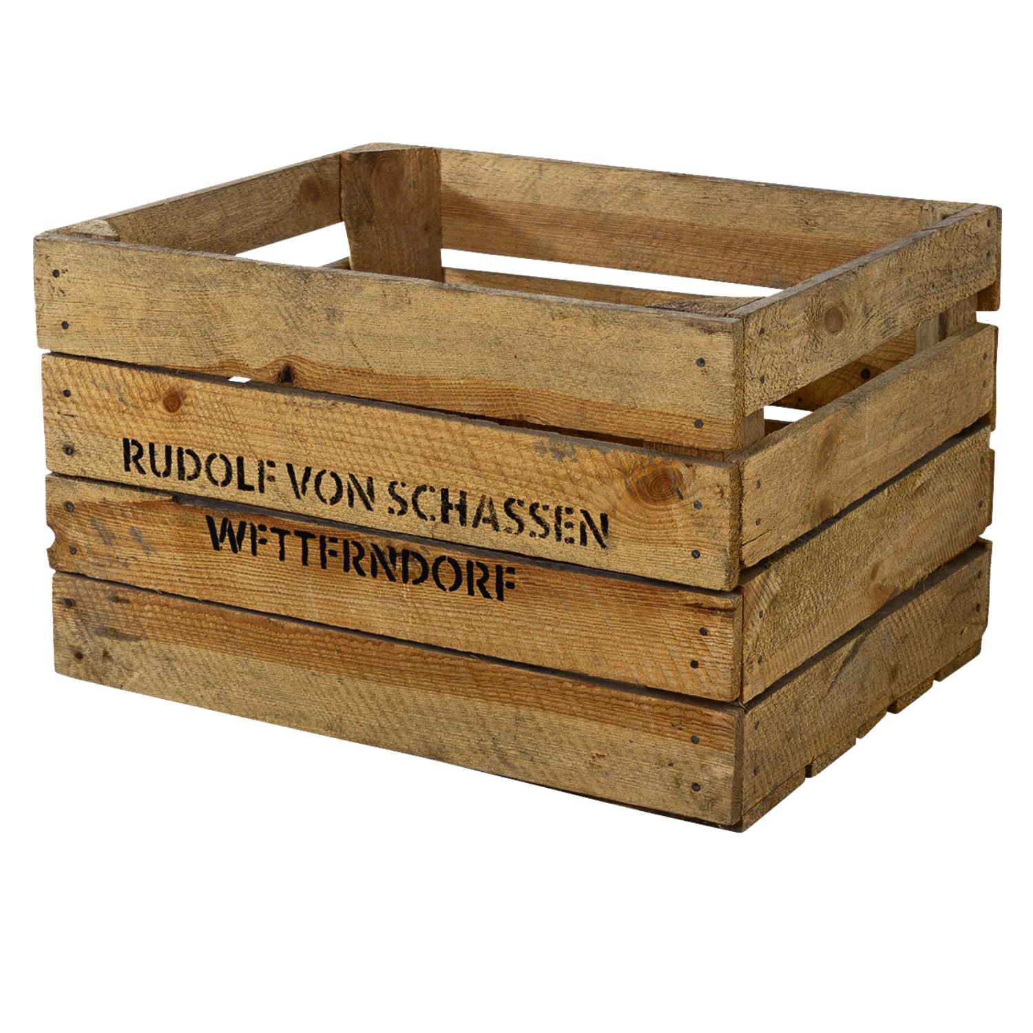 Alte Apfelkiste mit Aufdruck &quot;Rudolf von Schassen&quot; 50x40x30cm