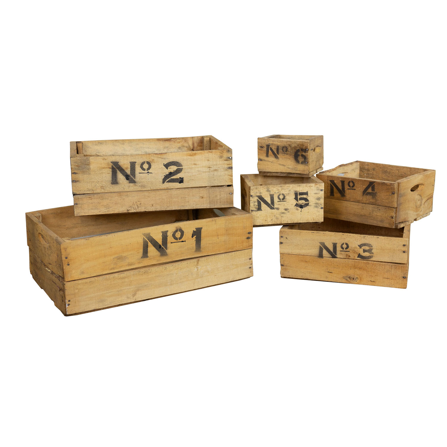 Holzkisten-Set aus 6 alten Kisten mit Aufdruck