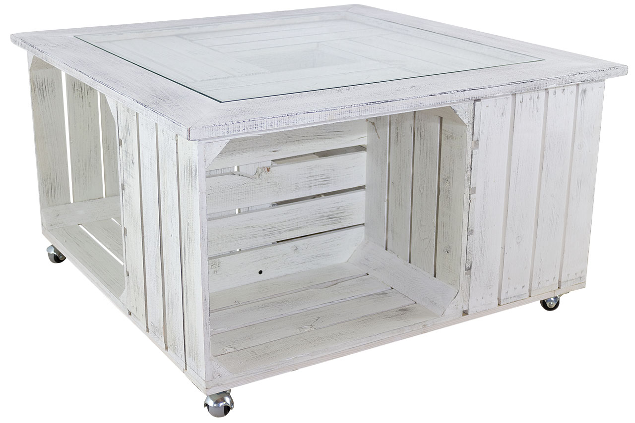 Weißer Tisch mit Glasplatte und Shabby Rahmen / besonders durch 4 Holzkisten für extra Stauraum / 85x85cm