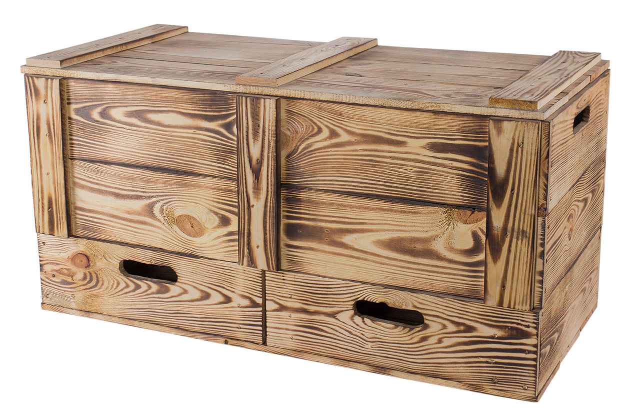 Truhen XXL Holztruhe geflammt mit 2 Schubladen und Griffen 85,5x42x43