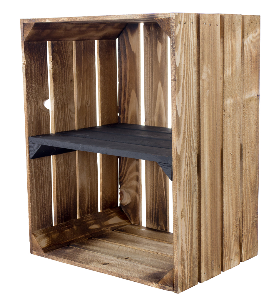 4x Geflammte Holzkiste mit schwarzem Mittelbrett -quer- 50x40x30cm