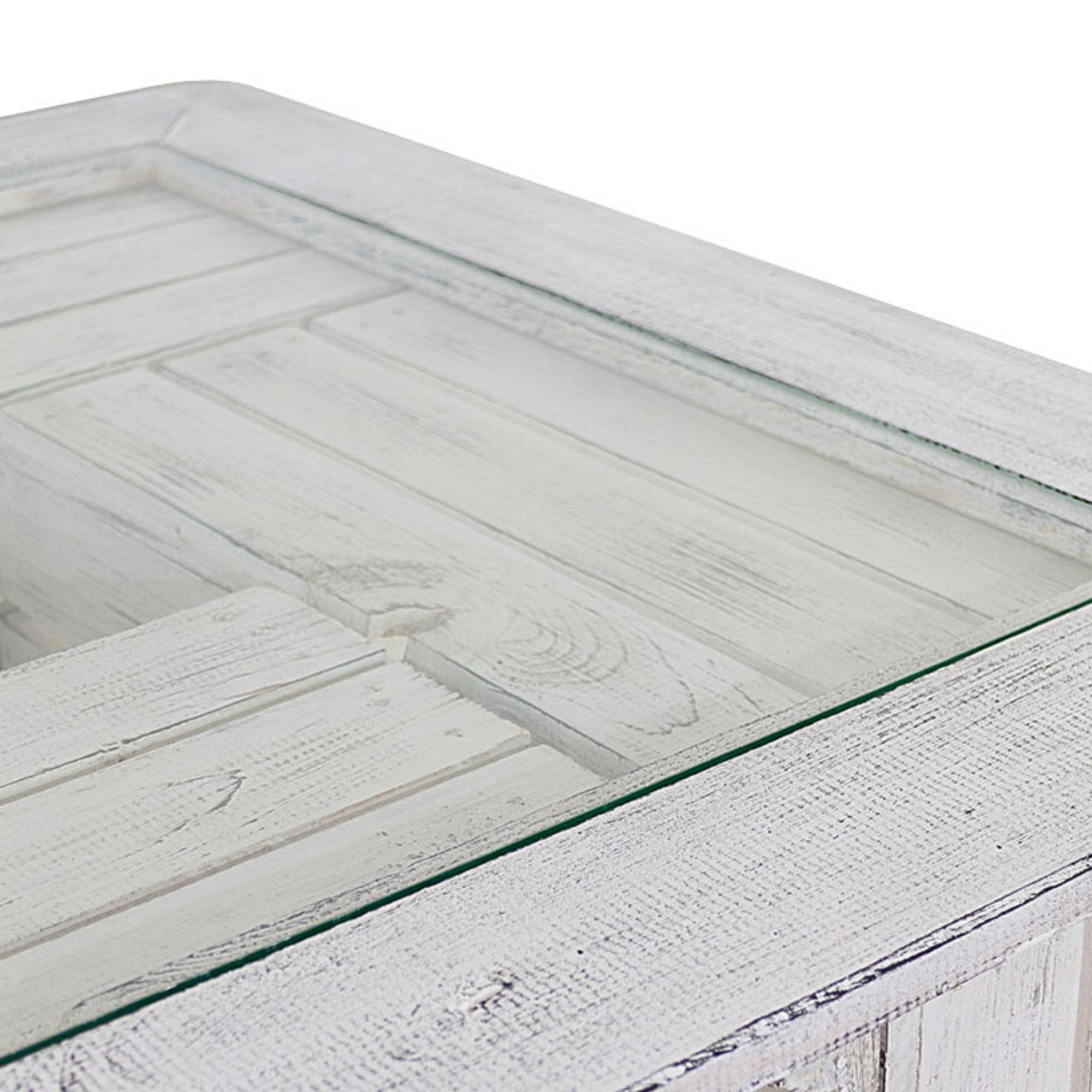 Weißer Tisch mit Glasplatte und Shabby Rahmen / besonders durch 4 Holzkisten für extra Stauraum / 85x85cm