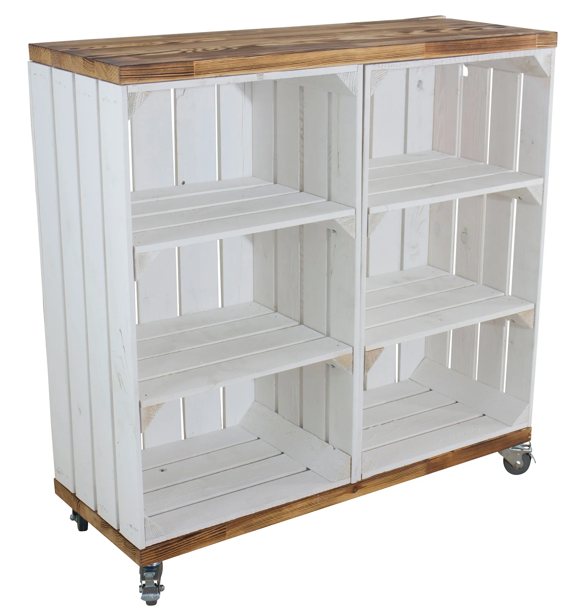Regal aus 2 hohen weißen Kisten mit 2 geflammten Bohlenbrettern auf Rollen, 80x80x30cm Regal aus 2 hohen weißen Kisten mit 2 geflammten Bohlenbrettern auf Rollen, 80x80x30cm