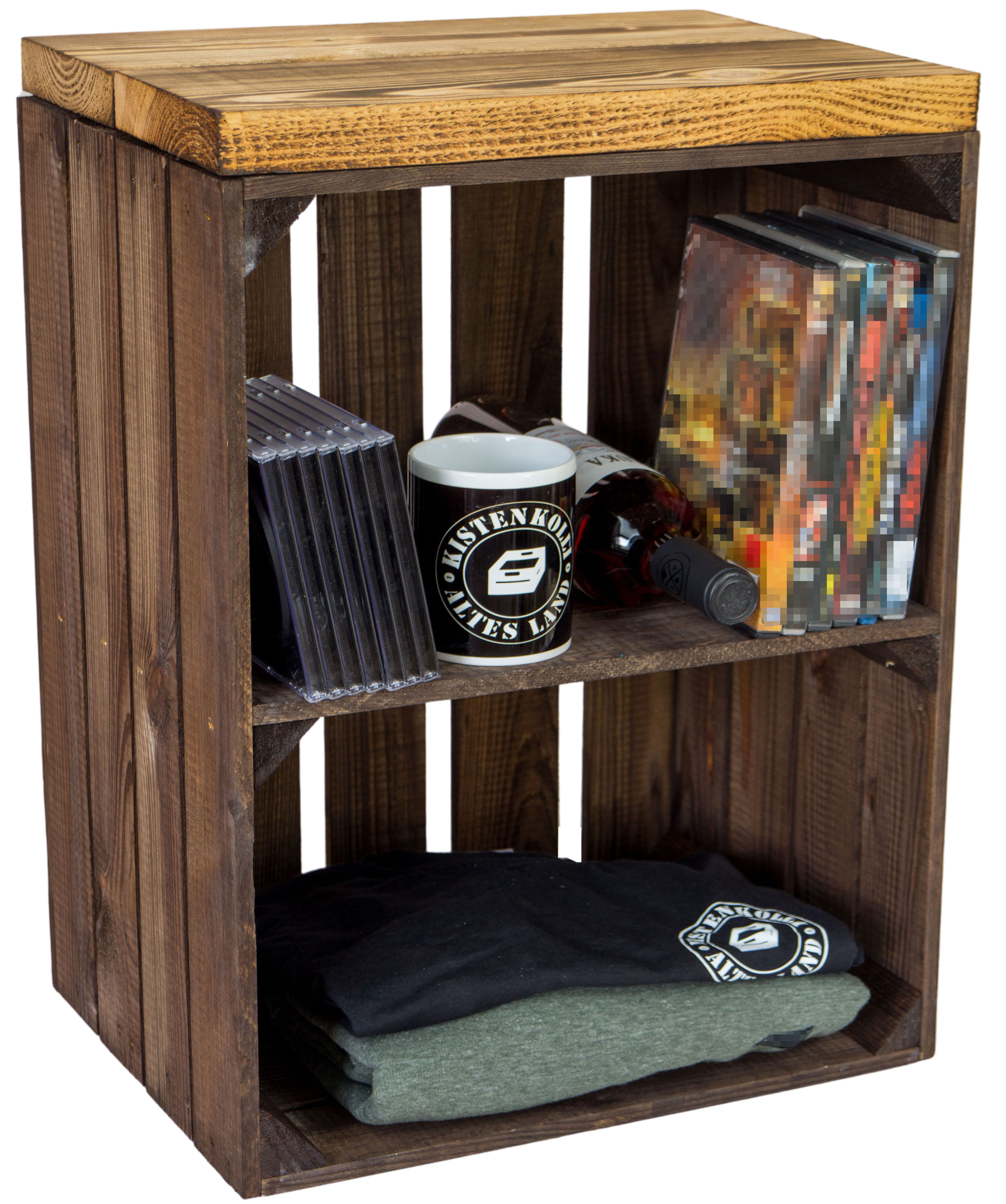 Sitzkiste Johanna dunkel Quer Sitzfläche aus dicken geflammten Holzplanken