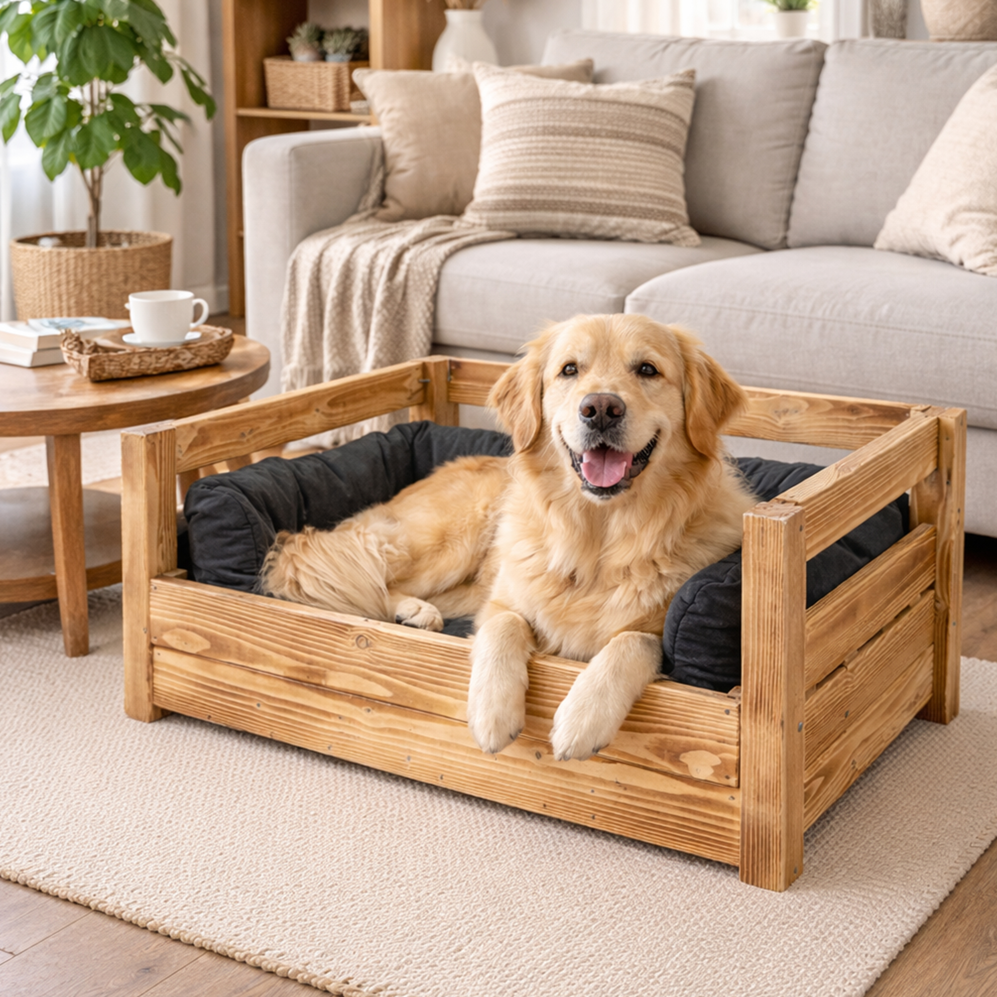 Hundebett Charly – Massivholz in Natur, Braun oder Geflammt 90x57x45cm