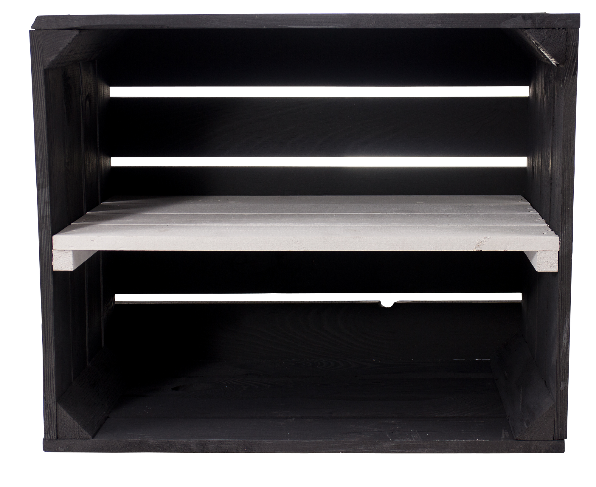 Schwarze Holzkiste mit weißem Mittelbrett -längs- 50x40x30cm Schwarze Holzkiste mit weißem Mittelbrett -längs- 50x40x30cm