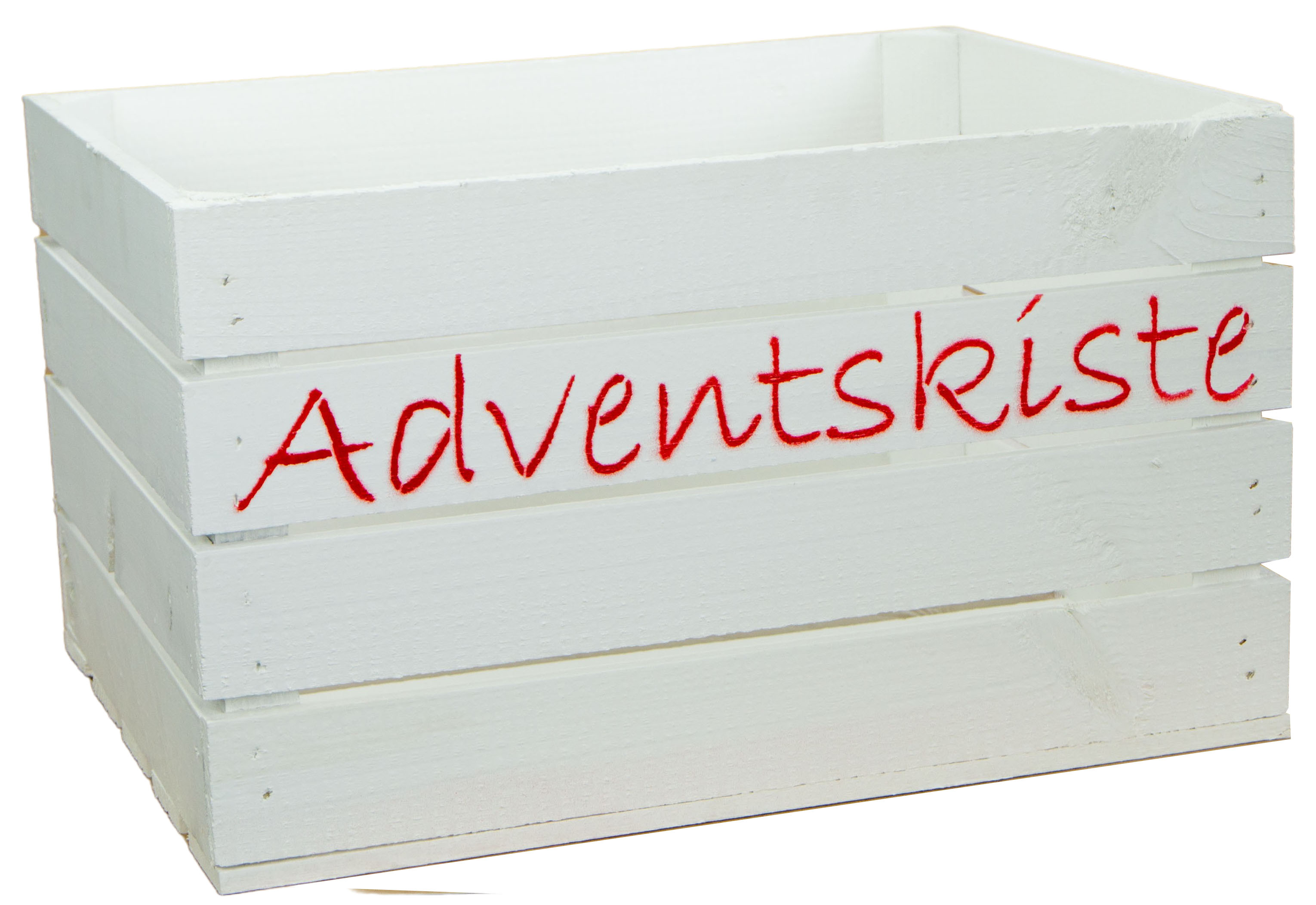 Weiße Kiste mit "Adventskiste" Aufdruck (rot) 50x40x30cm