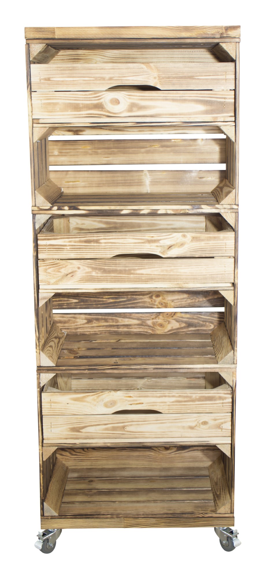 Regal aus drei geflammten Obstkisten mit drei Schubladen und zwei geflammten Bohlenbrettern, auf Rollen 133x50x30cm Regal aus drei geflammten Obstkisten mit drei Schubladen und zwei geflammten Bohlenbrettern, auf Rollen 133x50x30cm