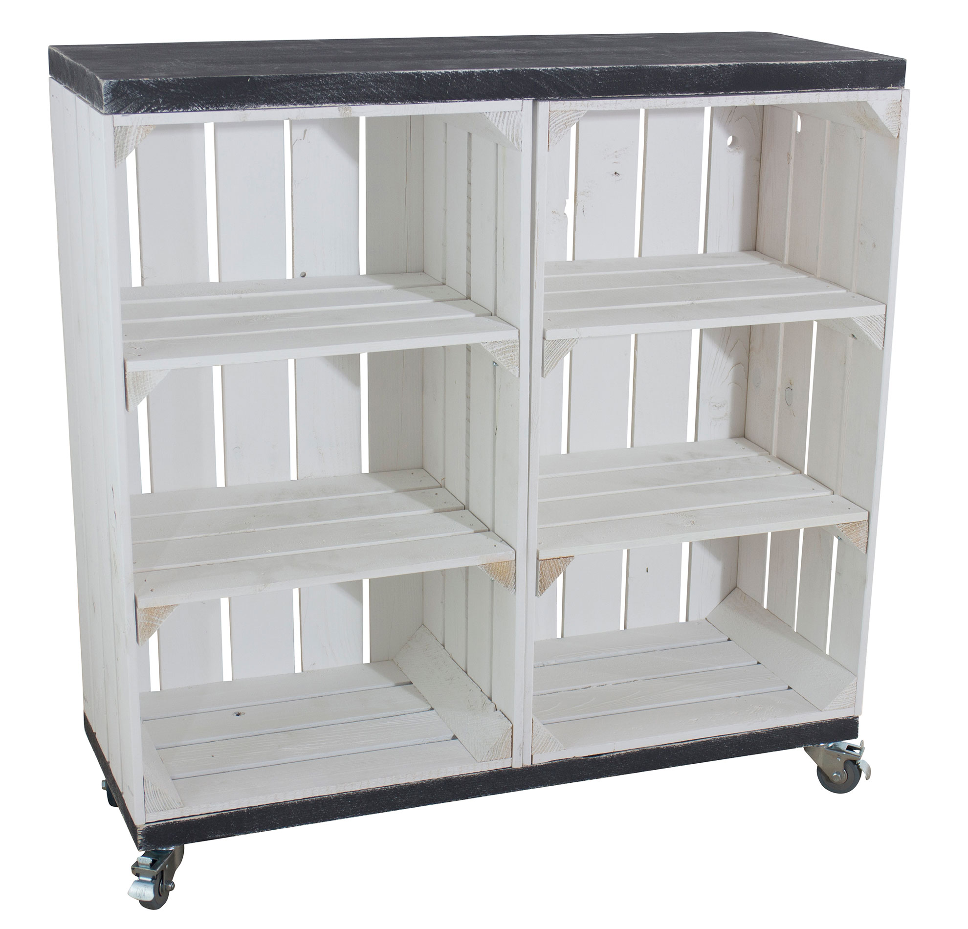 Regal aus zwei weißen Holzkisten mit Shabby schwarzen Bohlenbrettern und Rollen, 81x80x30cm