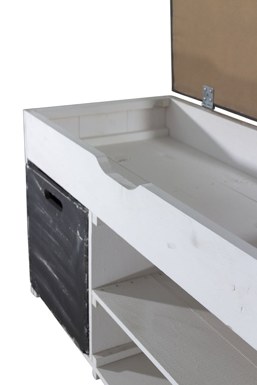 Weiße Sitzbank (Truhe) im Obstkisten Design mit Sitzpolster und Kallax Einschubkiste 90x52x39cm Weiße Sitzbank (Truhe) im Obstkisten Design mit Sitzpolster und Kallax Einschubkiste 90x52x39cm