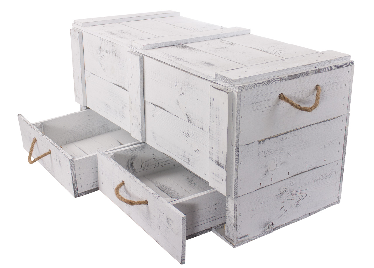 XXL Holztruhe Shabby mit 2 Schubladen und Kordel 85 x 39 x 40 cm