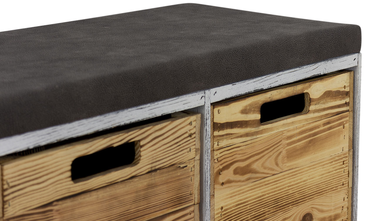Shabby Sitzbank im Obstkisten Design mit Sitzpolster und 3 Kallax Einschubkisten 105x43x39xcm