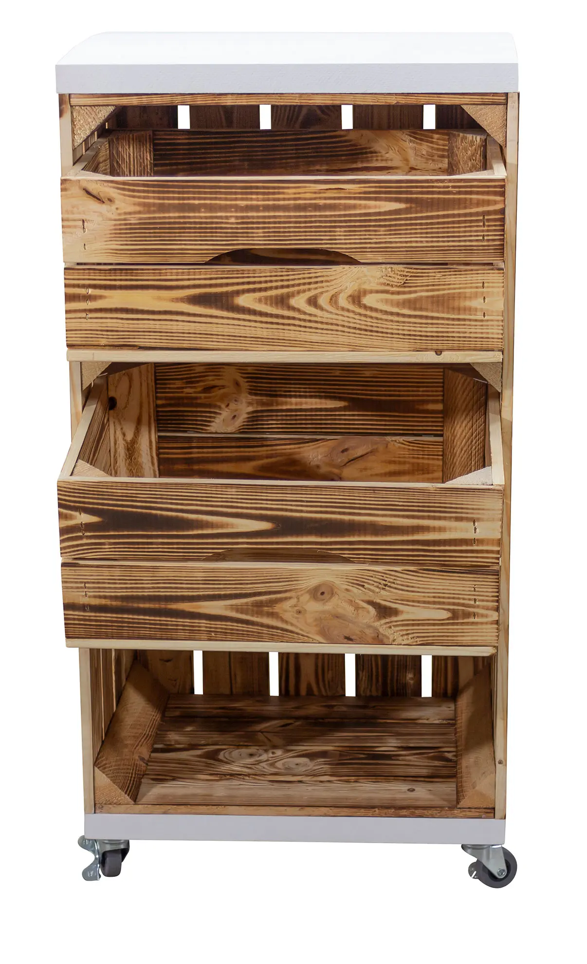 Regal aus einer schmalen geflammten Obstkiste mit zwei Schubladen und Bohlenbrett in Weiß, auf Rollen 40x79x31cm Regal aus einer schmalen geflammten Obstkiste mit zwei Schubladen und Bohlenbrett in Weiß, auf Rollen 40x79x31cm