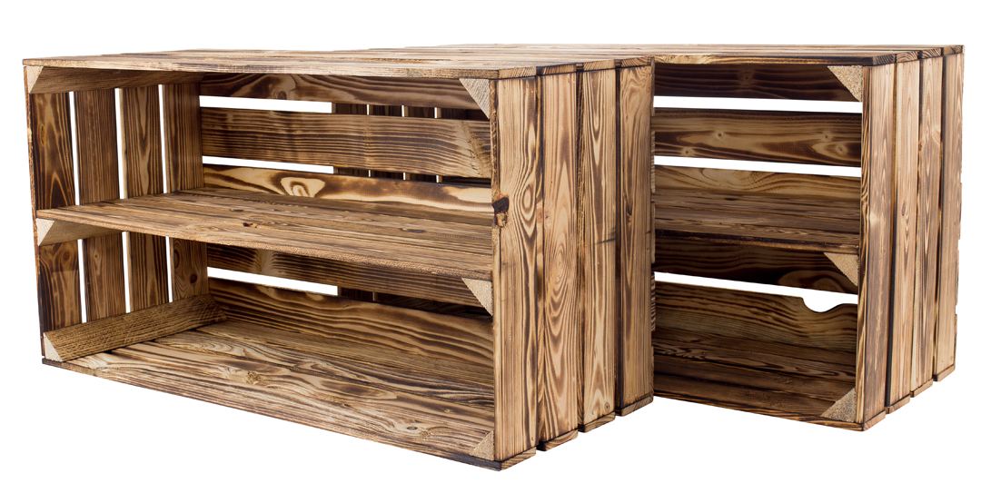 Große geflammte Holzkiste mit Mittelbrett 68x40x30cm Große geflammte Holzkiste mit Mittelbrett 68x40x30cm