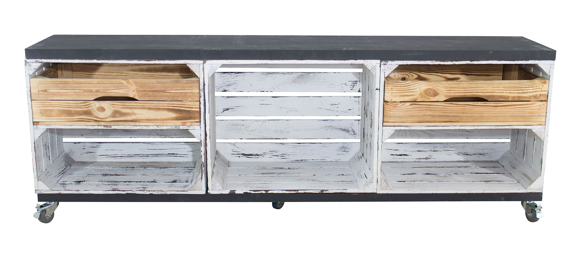 TV Schrank aus 3 Kisten in grau vintage mit 2 geflammten Schubladen mit 2 Bohlenbrettern in Schwarz auf Rollen, 150x53x30 TV Schrank aus 3 Kisten in grau vintage mit 2 geflammten Schubladen mit 2 Bohlenbrettern in Schwarz auf Rollen, 150x53x30