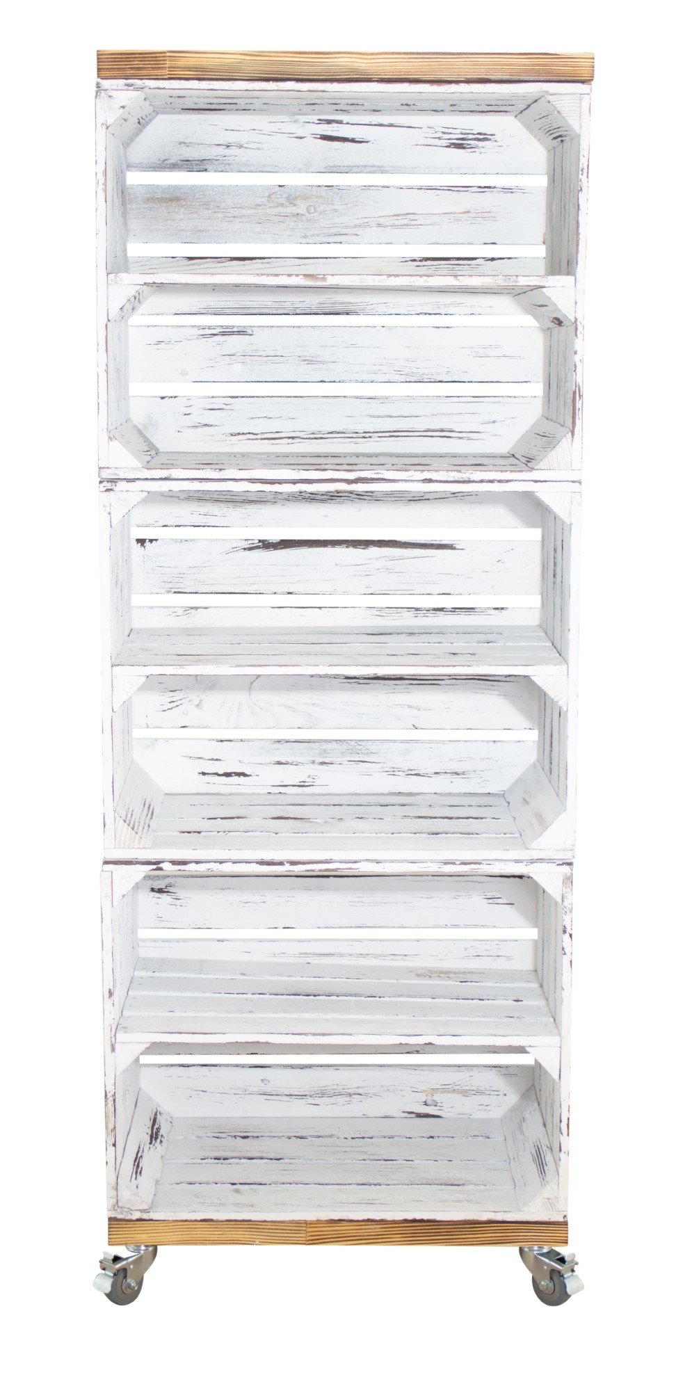 Regal aus 3 Obstkisten in shabby weiß mit 2 geflammten Bohlenbrettern auf Rollen 133x50x30cm Regal aus 3 Obstkisten in shabby weiß mit 2 geflammten Bohlenbrettern auf Rollen 133x50x30cm