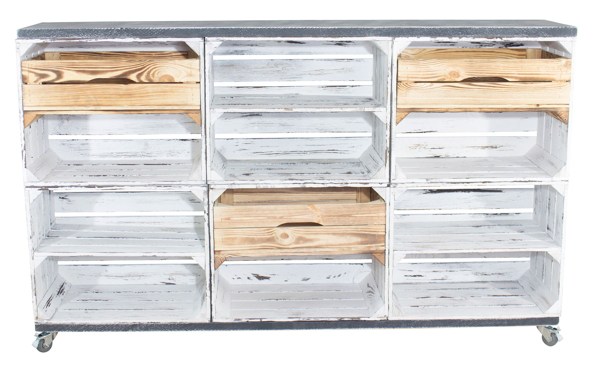 Kommode/ Raumtrenner aus 6 shabby weißen Kisten mit 3 geflammten Schubladen sowie 2 Bohlenbrettern auf Rollen, 150x93x30 Kommode/ Raumtrenner aus 6 shabby weißen Kisten mit 3 geflammten Schubladen sowie 2 Bohlenbrettern auf Rollen, 150x93x30