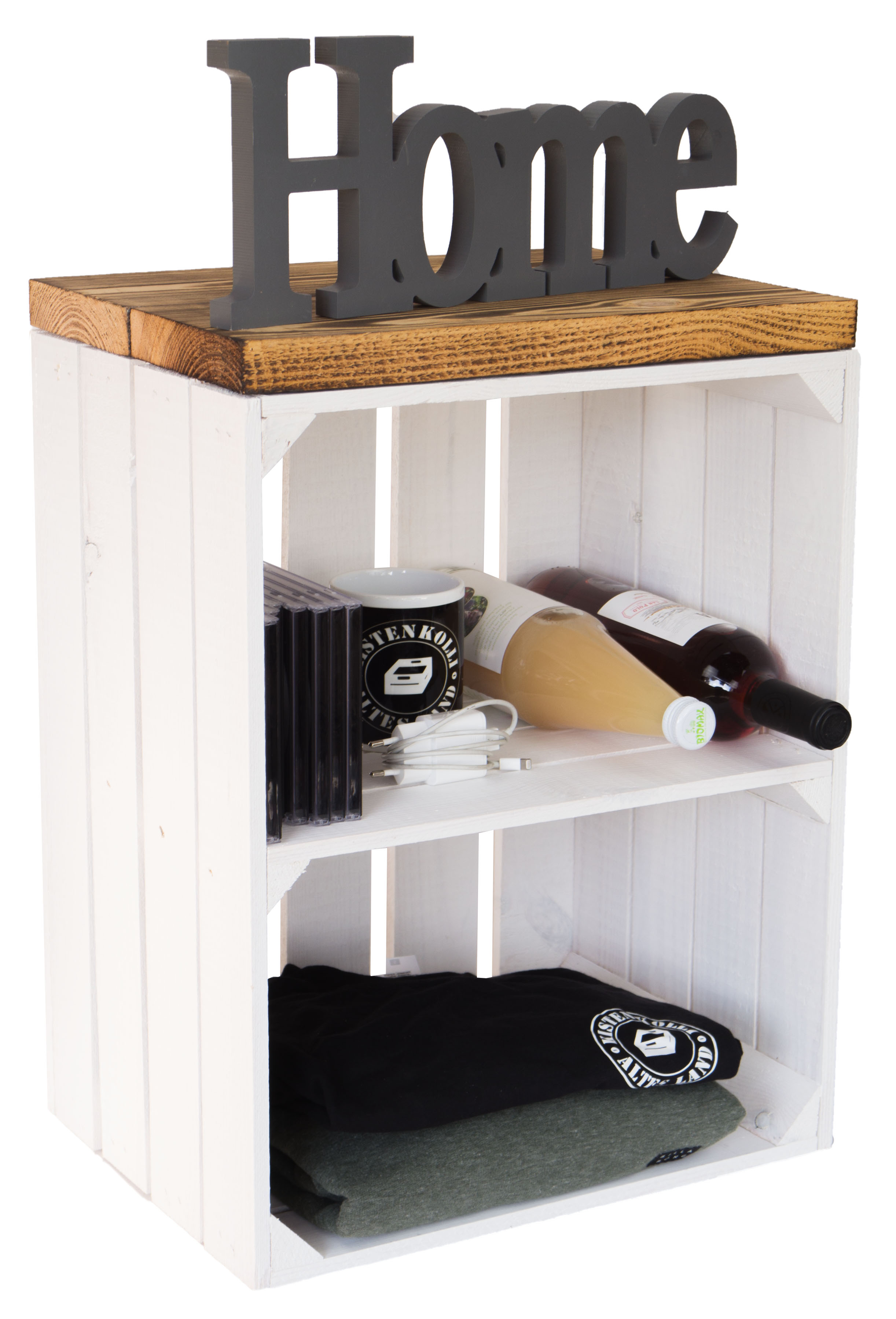 Sitzkiste Johanna weiss Quer Sitzfläche aus dicken geflammten Holzplanken