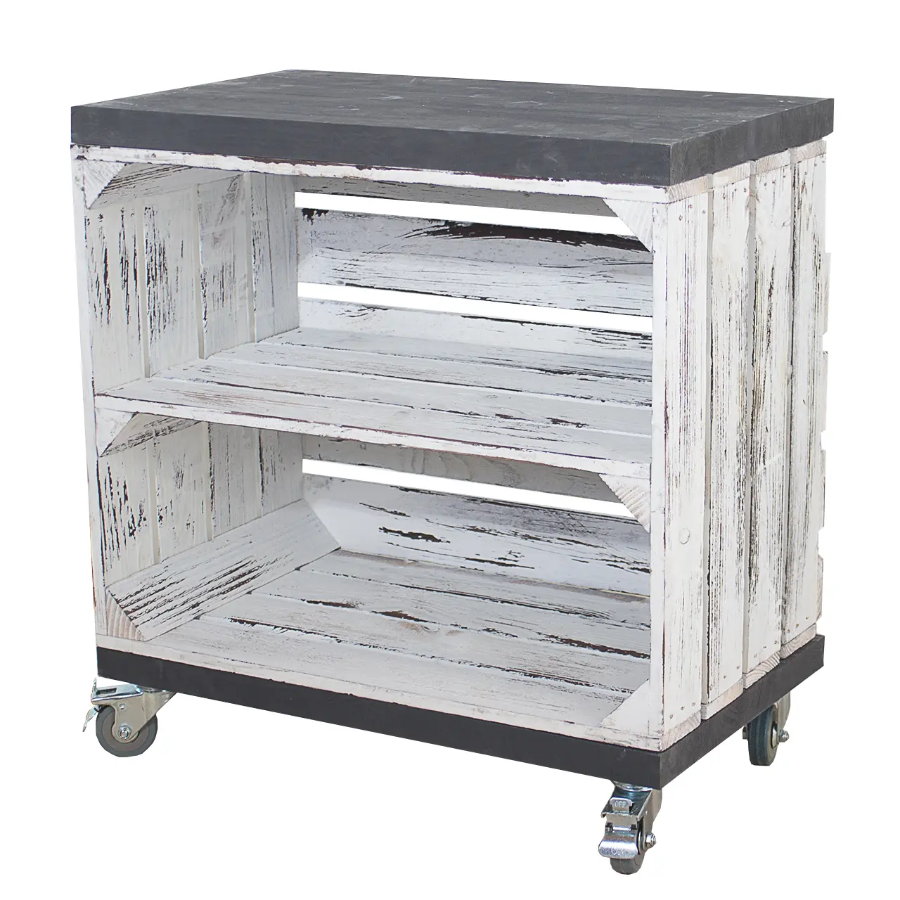 Regal aus einer Obstkiste in Vintage Optik mit einem Mittelbrett und zwei Bohlenbrettern in ShabbySchwarz, auf Rollen 53x50x30cm