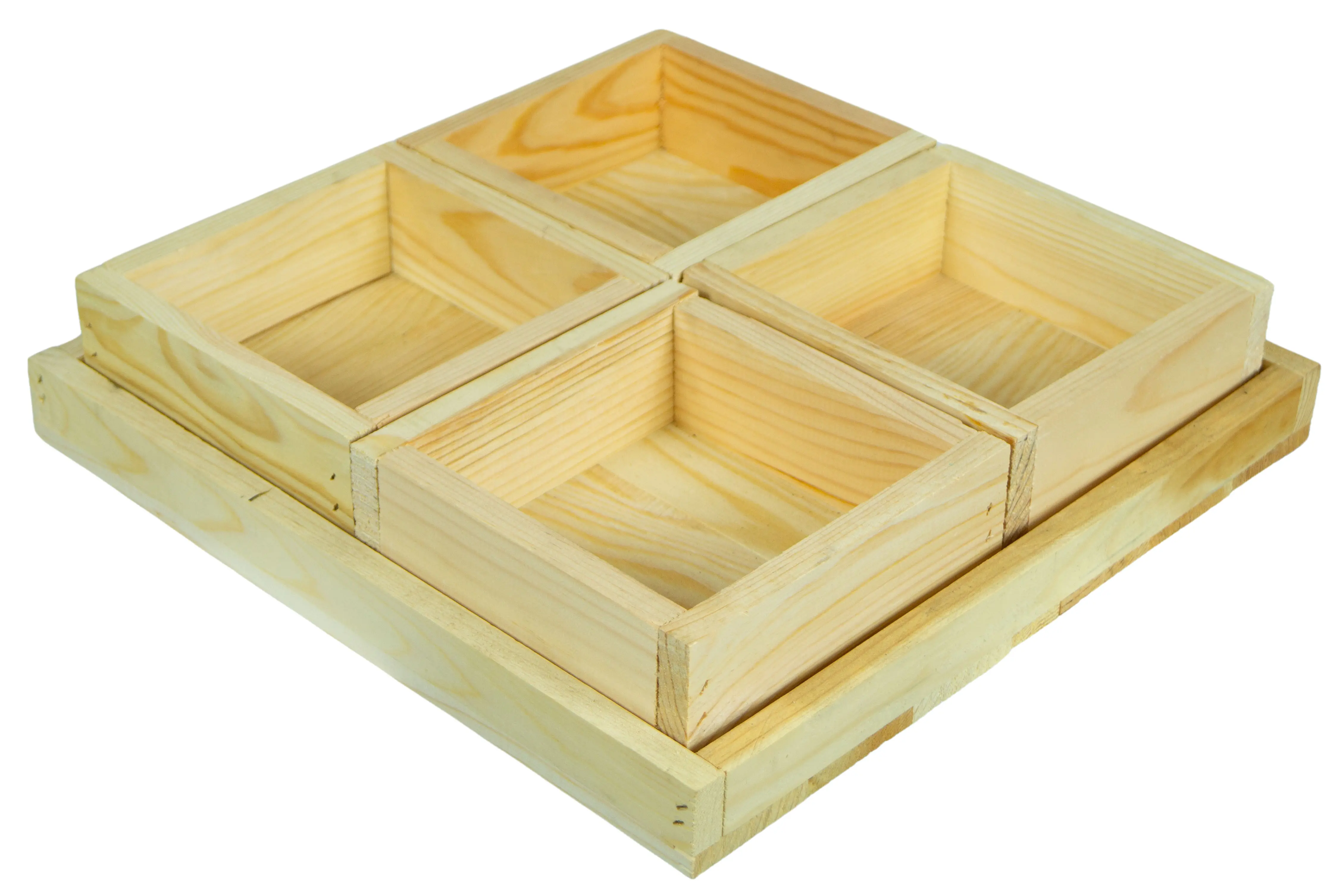 Kleines Dekotablett-Set aus 5 Holzkisten 40x40cm 8cm Höhe Kleines Dekotablett-Set aus 5 Holzkisten 40x40cm 8cm Höhe