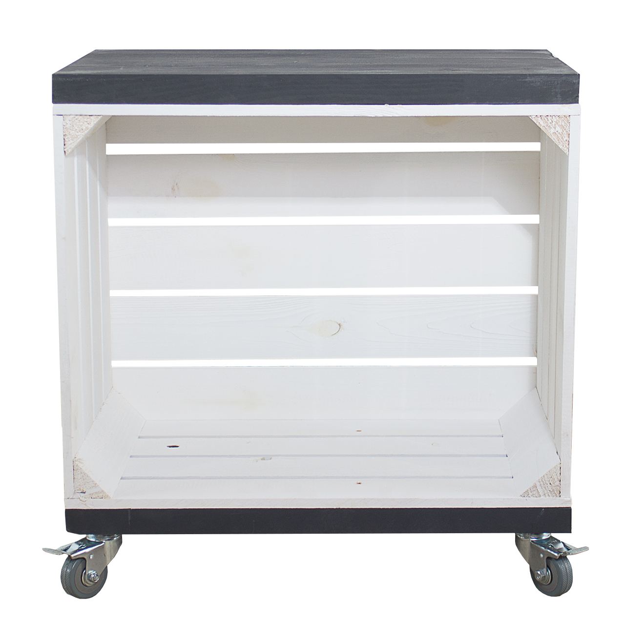 Regal aus einer weißen Obstkiste mit zwei Bohlenbrettern in Schwarz, auf Rollen 53x50x30cm Regal aus einer weißen Obstkiste mit zwei Bohlenbrettern in Schwarz, auf Rollen 53x50x30cm