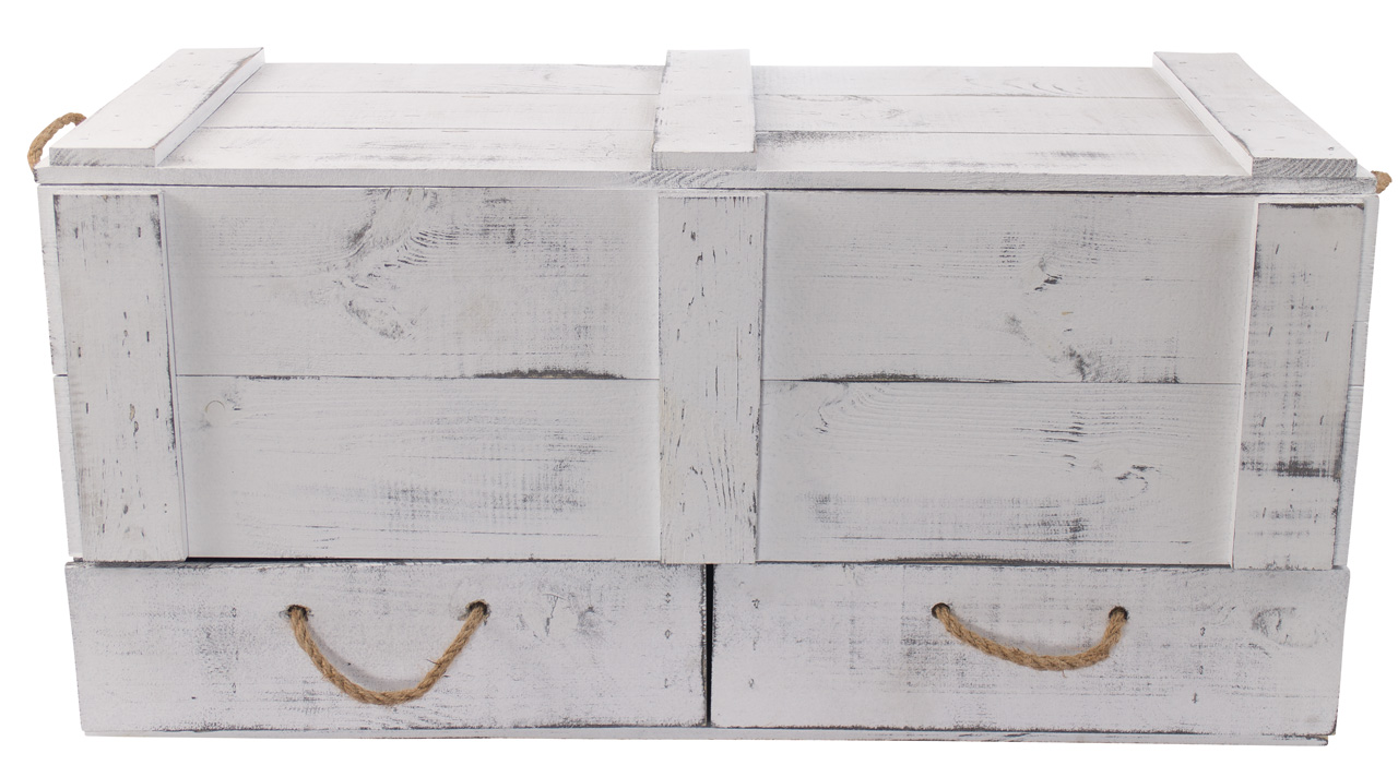 XXL Holztruhe Shabby mit 2 Schubladen und Kordel 85 x 39 x 40 cm
