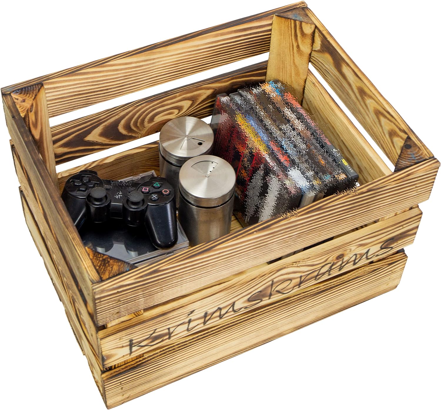 Holzkiste mit Aufschrift Krimskrams Geflammt, 40x30x25cm