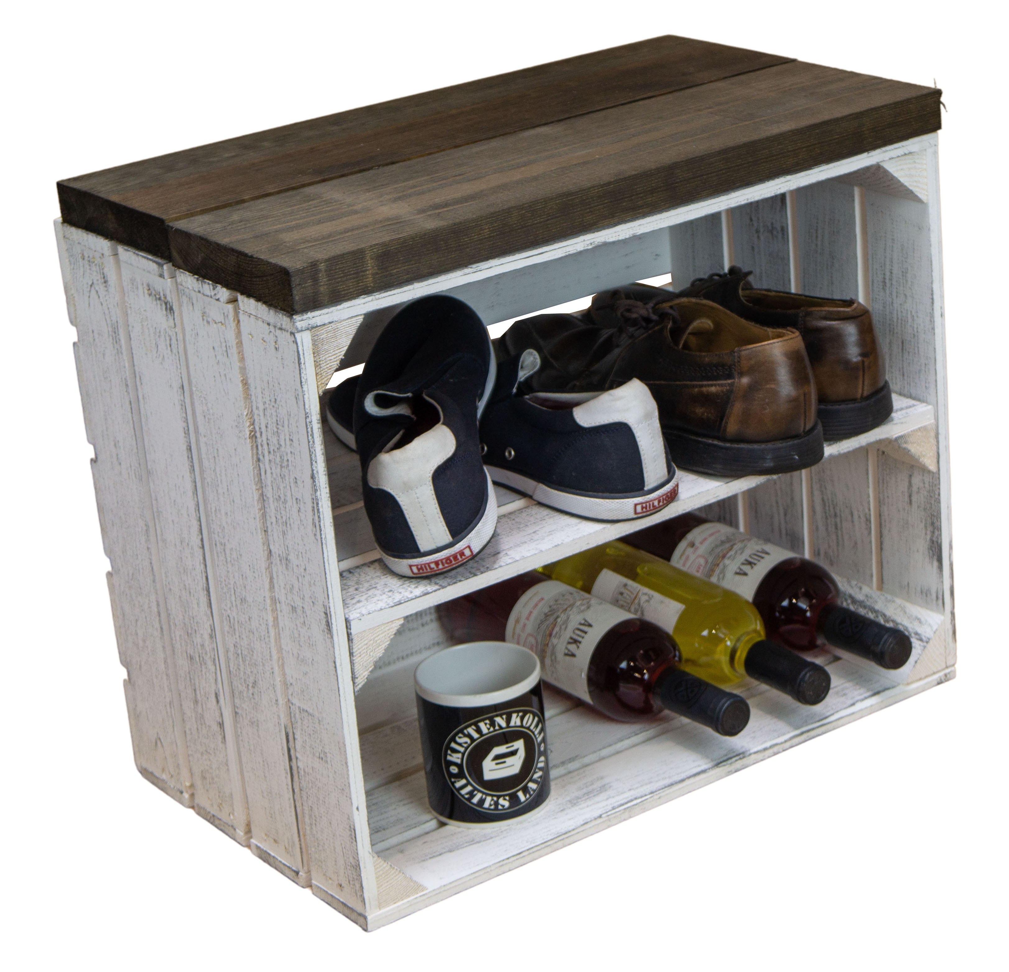 Sitzkiste Johanna - Shabby weiß längs - schwarze Planke Sitzkiste Johanna - Shabby weiß längs - schwarze Planke