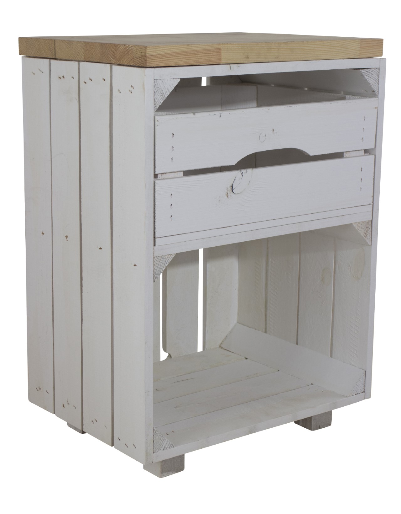 Weißer Nachttisch mit Schublade und Bohlenbrett in natur 30,5x40x57cm Weißer Nachttisch mit Schublade und Bohlenbrett in natur 30,5x40x57cm