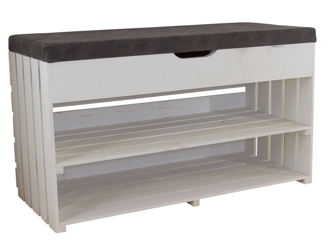 Weiße Sitzbank (Truhe) im Obstkisten Design mit Sitzpolster 90x52x39cm Weiße Sitzbank (Truhe) im Obstkisten Design mit Sitzpolster 90x52x39cm