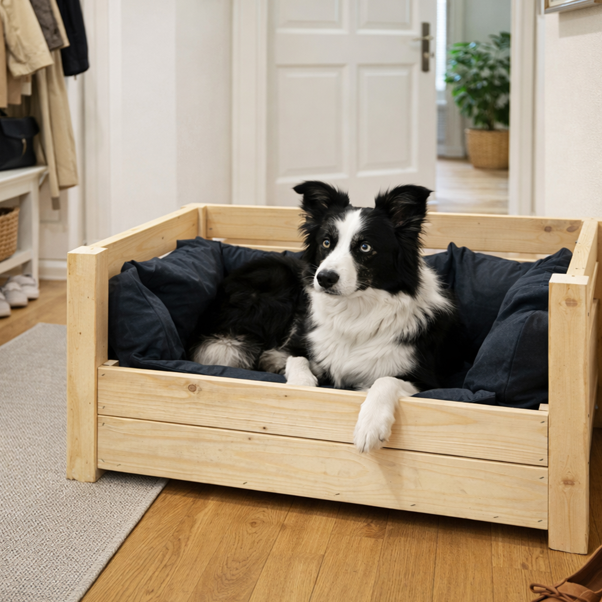 Hundebett Charly – Massivholz in Natur, Braun oder Geflammt 90x57x45cm