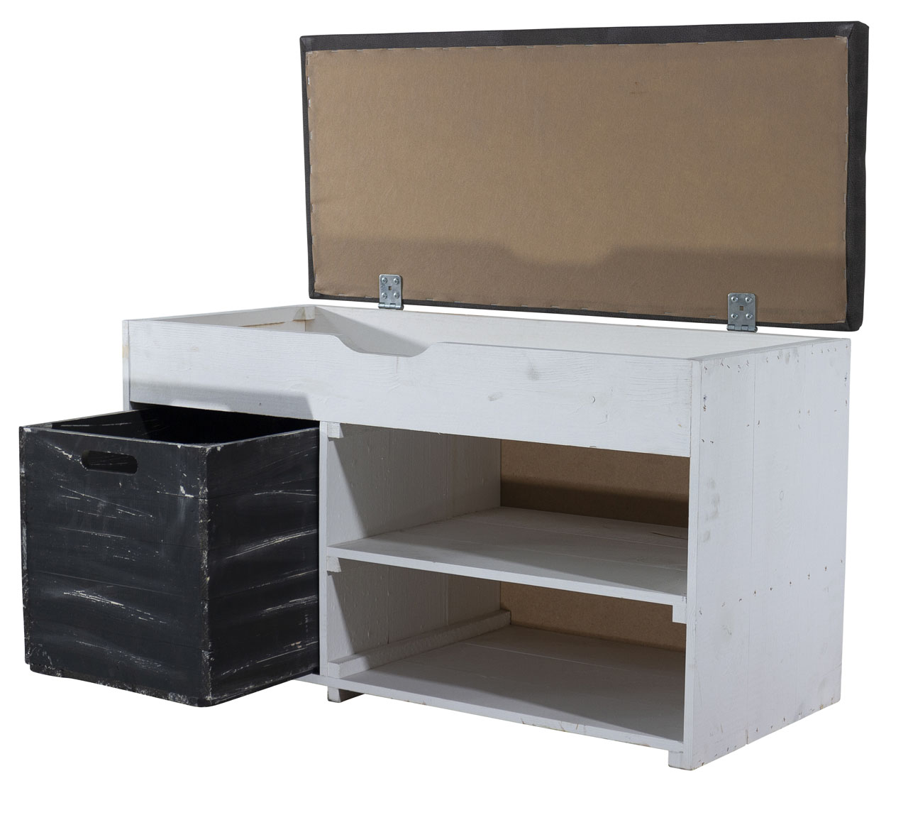 Weiße Sitzbank (Truhe) im Obstkisten Design mit Sitzpolster und Kallax Einschubkiste 90x52x39cm Weiße Sitzbank (Truhe) im Obstkisten Design mit Sitzpolster und Kallax Einschubkiste 90x52x39cm