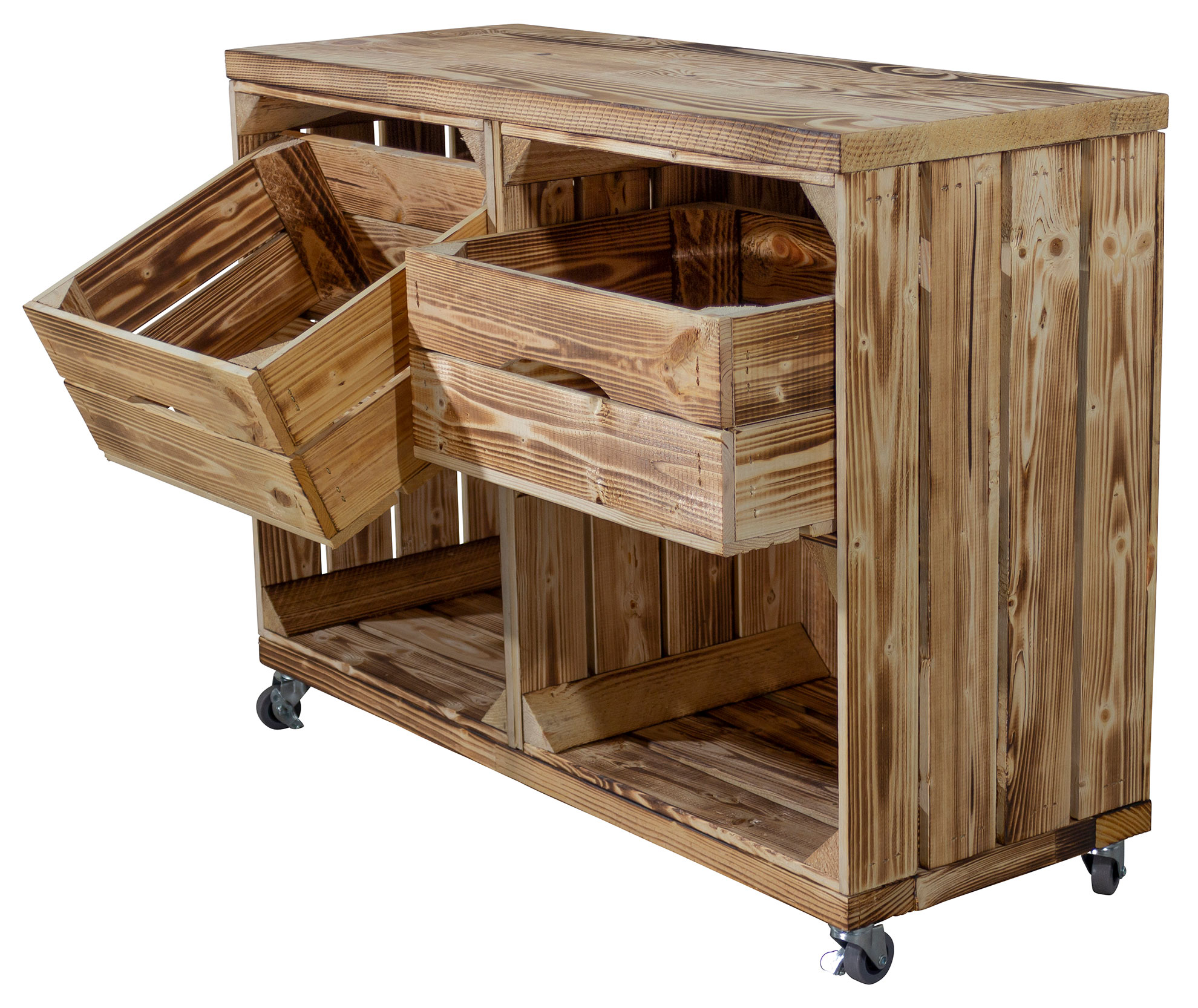 Regal aus zwei geflammten Kisten mit zwei Schubladen und Bohlenbrett in geflammt auf Rollen Regal aus zwei geflammten Kisten mit zwei Schubladen und Bohlenbrett in geflammt auf Rollen