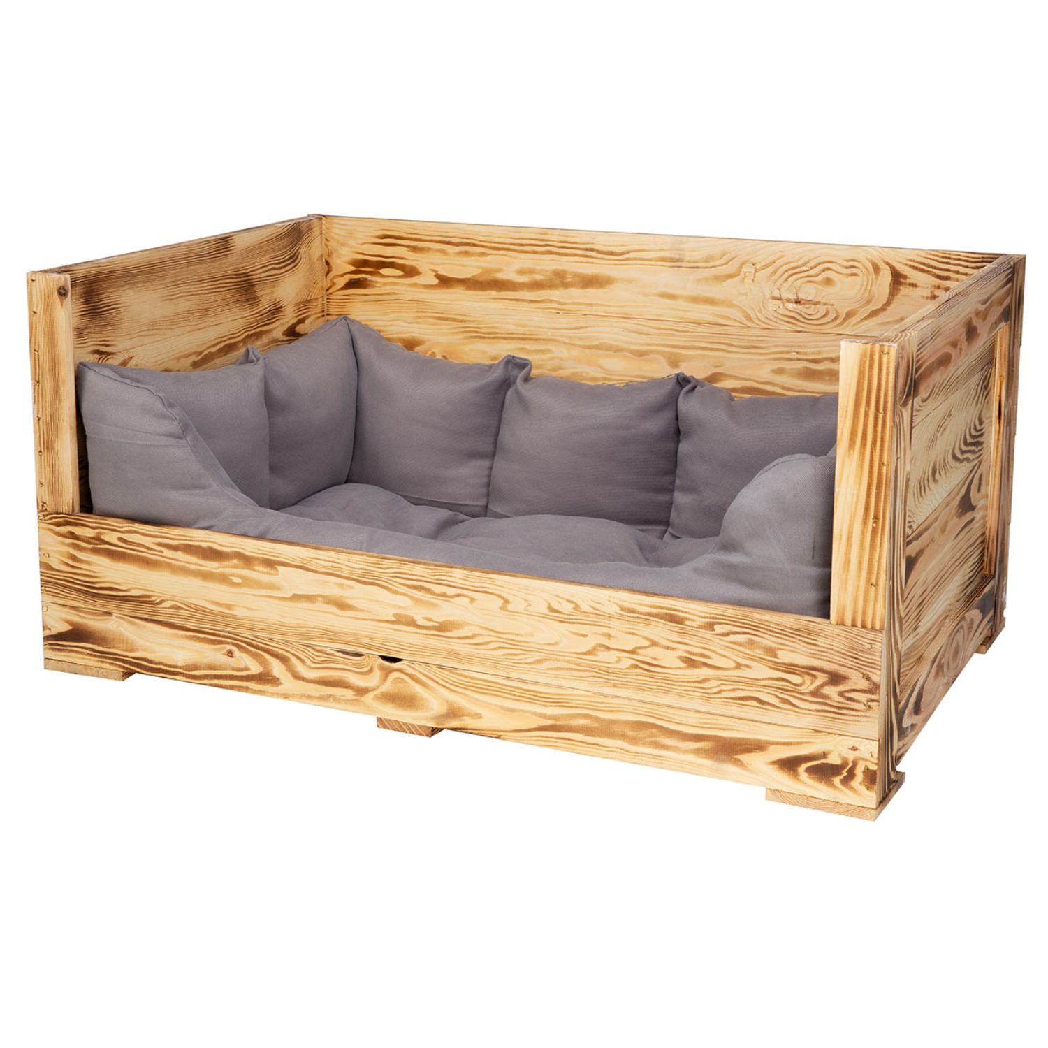 Hundebett "Balu" in geflammtem Holz mit Kissen 90x57x45cm Hundebett "Balu" in geflammtem Holz mit Kissen 90x57x45cm