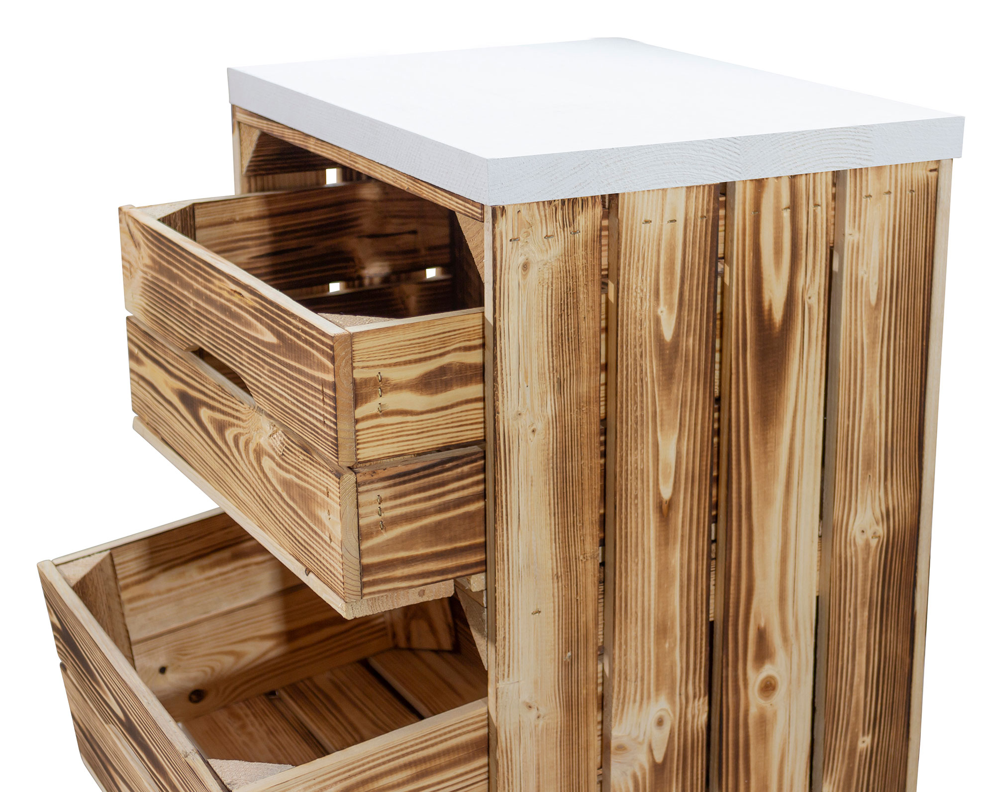 Regal aus einer schmalen geflammten Obstkiste mit zwei Schubladen und Bohlenbrett in Weiß, auf Rollen 40x79x31cm Regal aus einer schmalen geflammten Obstkiste mit zwei Schubladen und Bohlenbrett in Weiß, auf Rollen 40x79x31cm