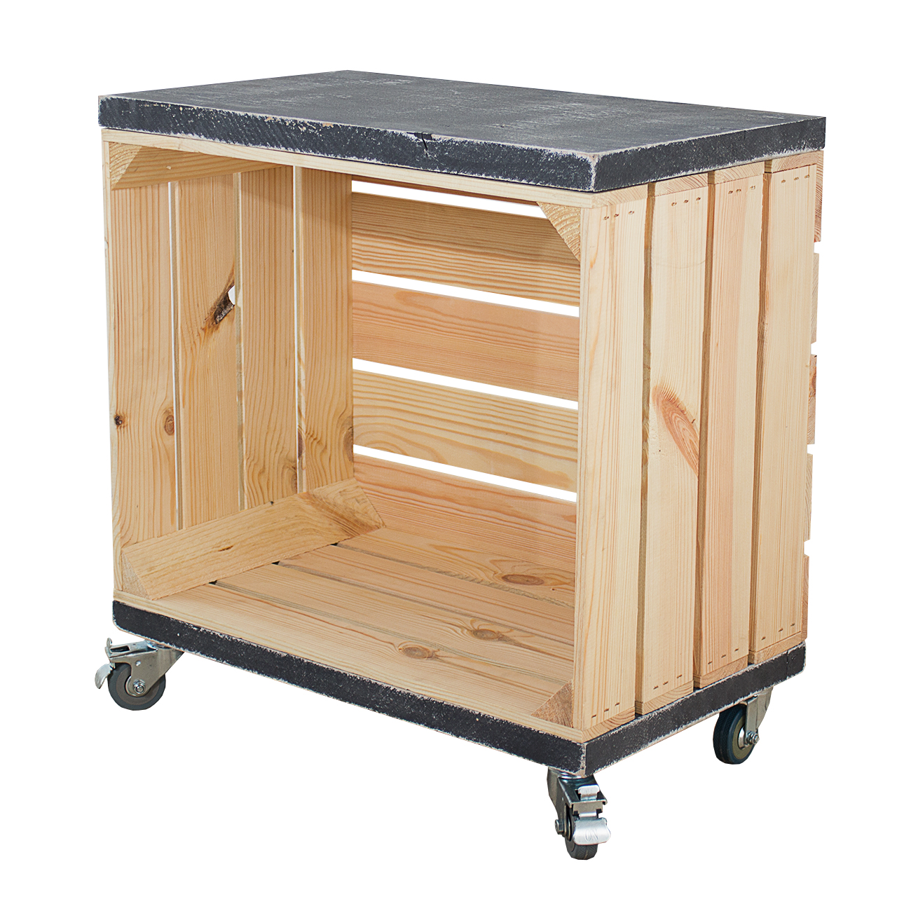 Regal aus einer Obstkiste in natur mit 2 Bohlenbrettern in vintage grau auf Rollen 53x50x30cm Regal aus einer Obstkiste in natur mit 2 Bohlenbrettern in vintage grau auf Rollen 53x50x30cm