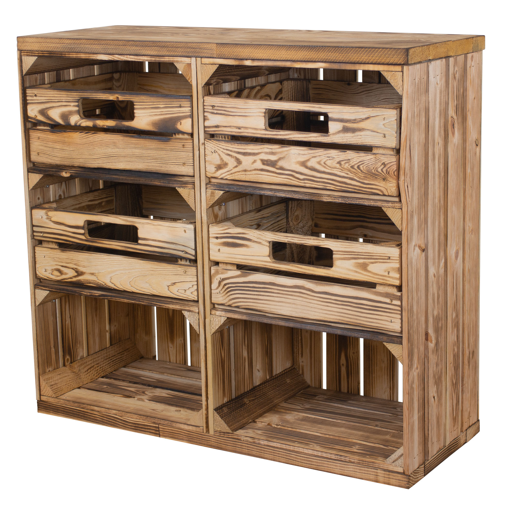 Regal aus zwei geflammten Kisten mit Schubladen und Bohlenbrett in geflammt auf Rollen Regal aus zwei geflammten Kisten mit Schubladen und Bohlenbrett in geflammt auf Rollen