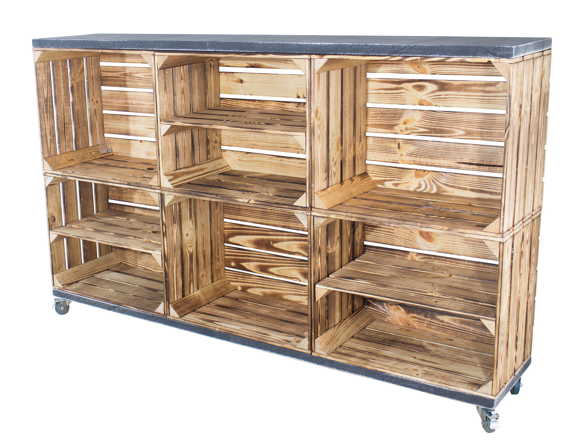 Kommode aus 6 geflammten Kisten mit 2 shabby schwarzen Bohlenbrettern auf Rollen 150x93x30 Kommode aus 6 geflammten Kisten mit 2 shabby schwarzen Bohlenbrettern auf Rollen 150x93x30