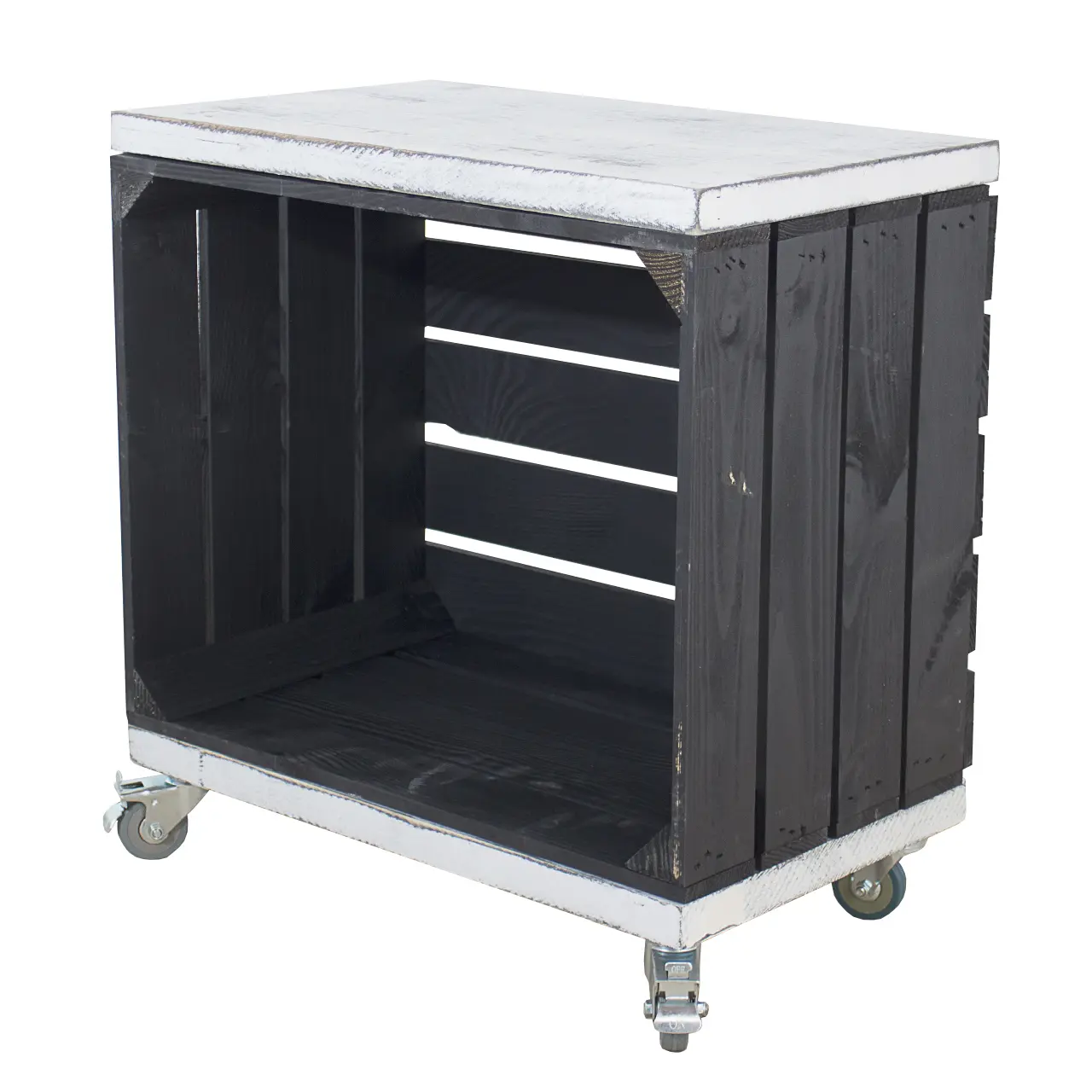 Regal aus einer schwarzen Obstkiste mit 2 Bohlenbrettern in shabby weiß auf Rollen 53x50x30cm Regal aus einer schwarzen Obstkiste mit 2 Bohlenbrettern in shabby weiß auf Rollen 53x50x30cm