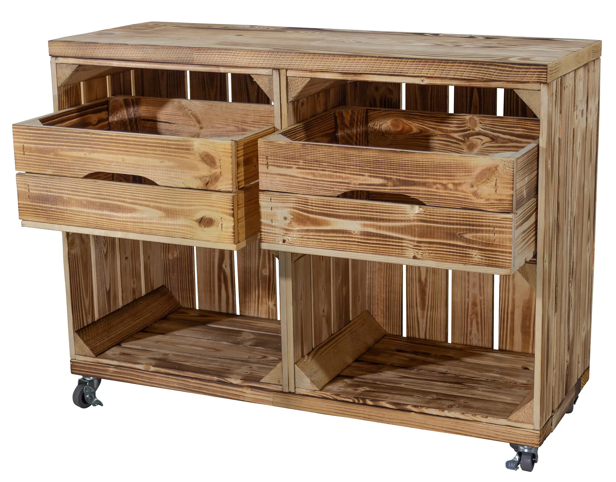 Regal aus zwei geflammten Kisten mit zwei Schubladen und Bohlenbrett in geflammt auf Rollen Regal aus zwei geflammten Kisten mit zwei Schubladen und Bohlenbrett in geflammt auf Rollen