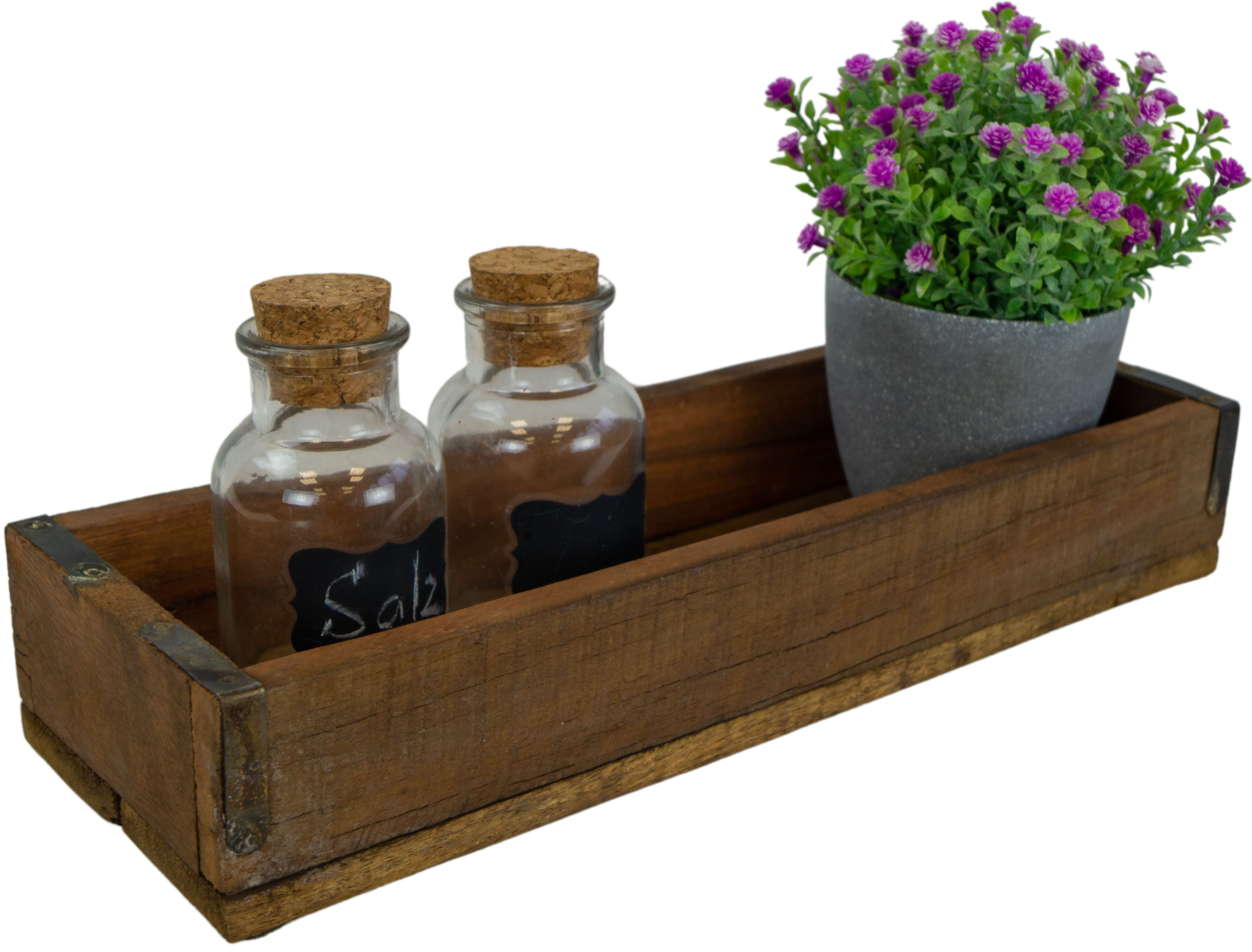 Schmale rustikale Altholz-Kiste mit Metallbeschlag