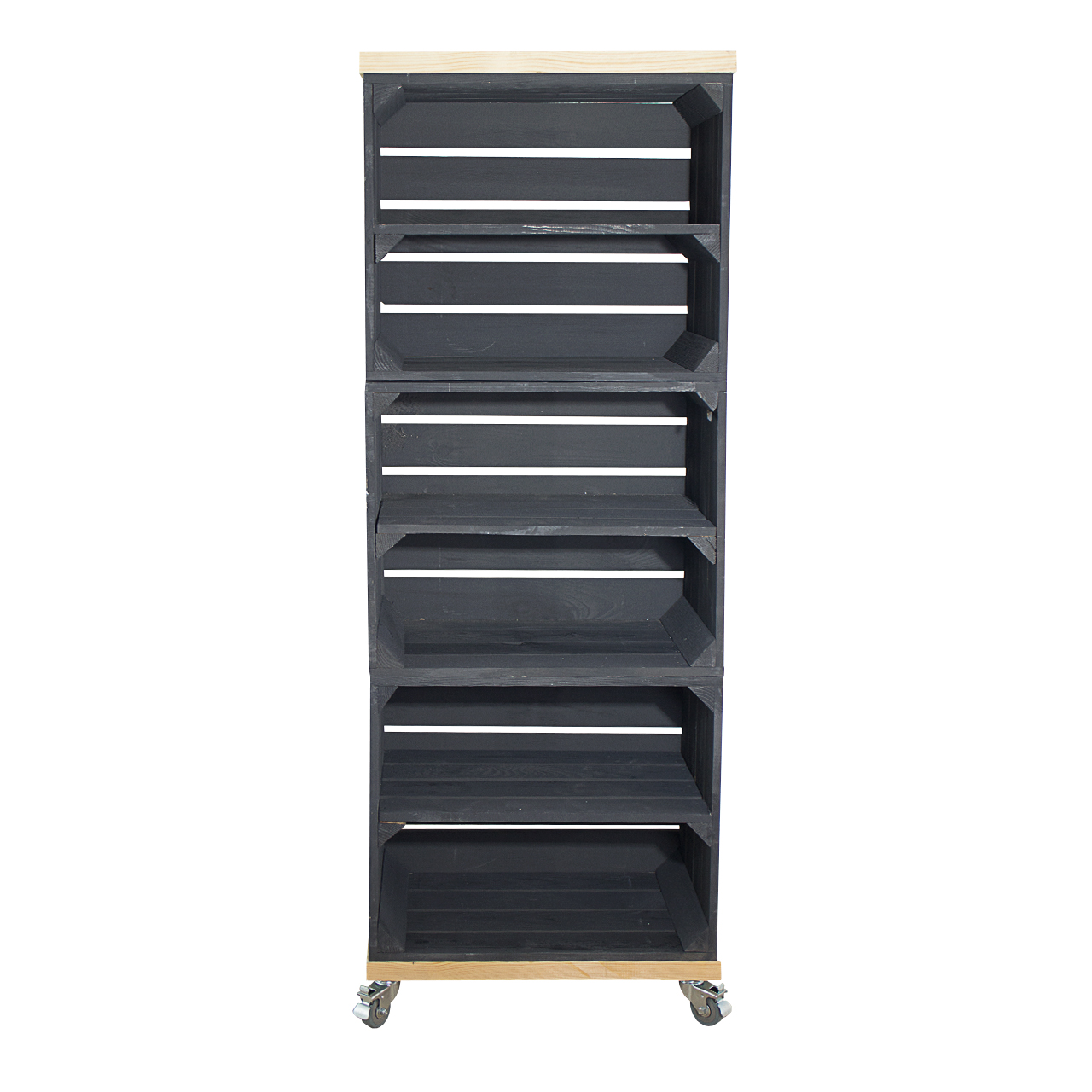 Regal aus 3 schwarzen Obstkisten mit 2 Bohlenbrettern in natur auf Rollen 133x50x30cm Regal aus 3 schwarzen Obstkisten mit 2 Bohlenbrettern in natur auf Rollen 133x50x30cm