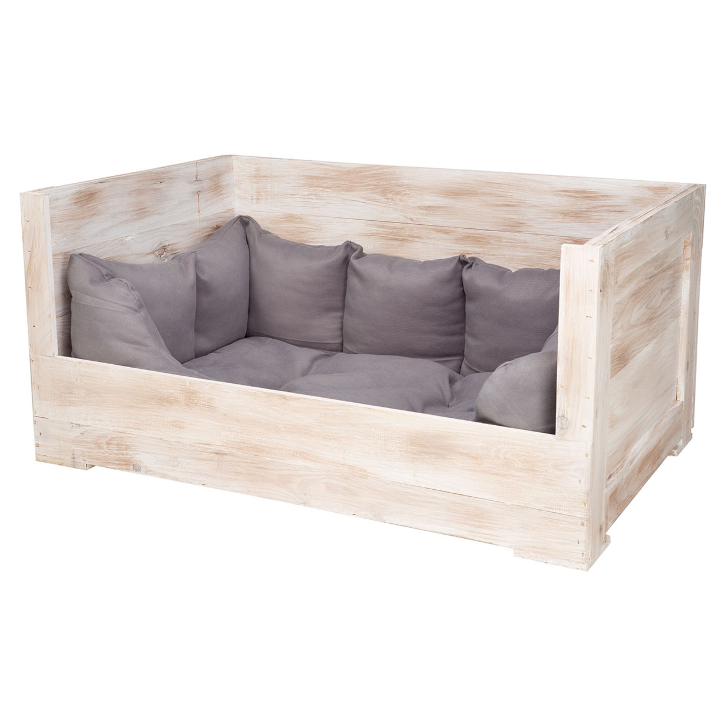 Hundebett "Balu" in weißem shabby Holz mit Kissen 90x57x45cm Hundebett "Balu" in weißem shabby Holz mit Kissen 90x57x45cm