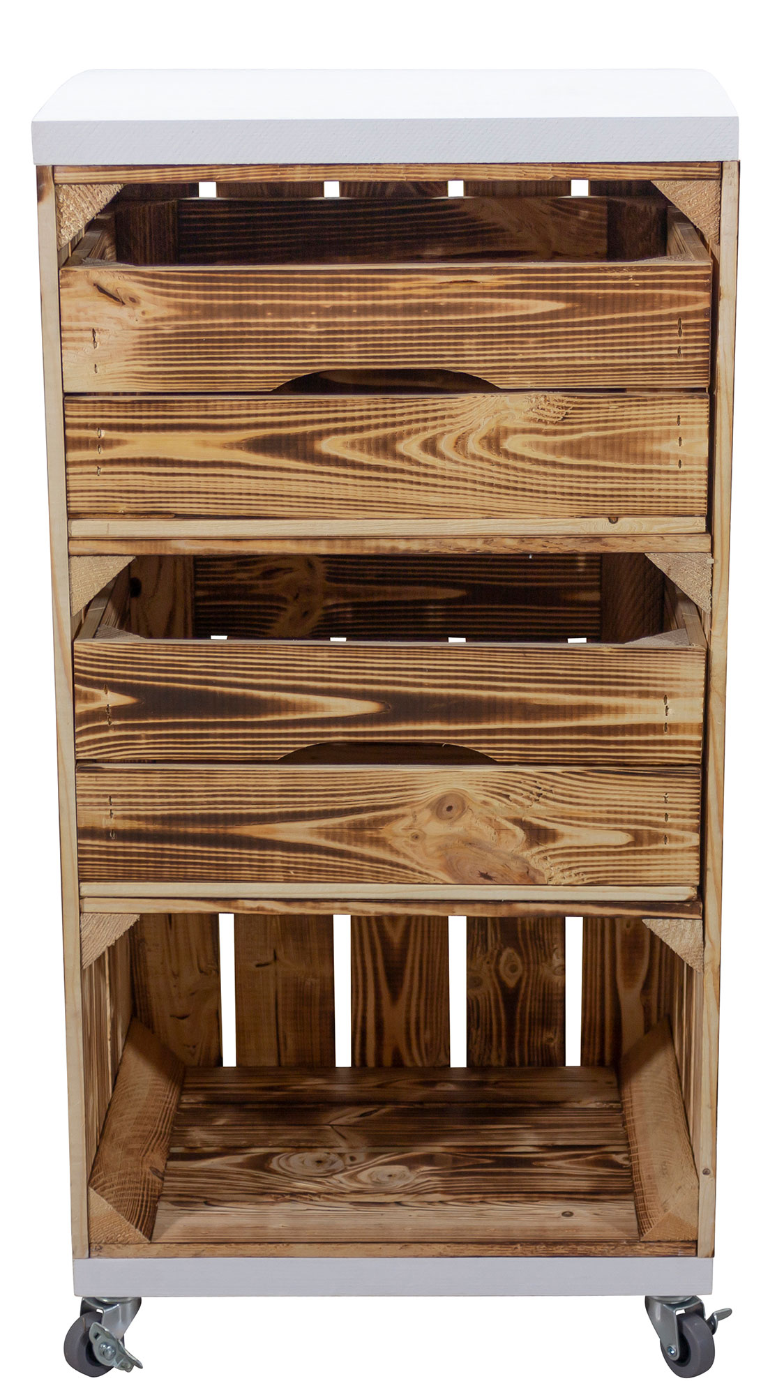 Regal aus einer schmalen geflammten Obstkiste mit zwei Schubladen und Bohlenbrett in Weiß, auf Rollen 40x79x31cm Regal aus einer schmalen geflammten Obstkiste mit zwei Schubladen und Bohlenbrett in Weiß, auf Rollen 40x79x31cm