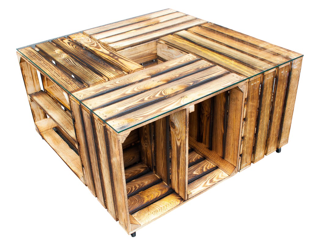 Tisch aus geflammten Schuhkisten - ohne Glas - 81x81x44cm Tisch aus geflammten Schuhkisten - ohne Glas - 81x81x44cm
