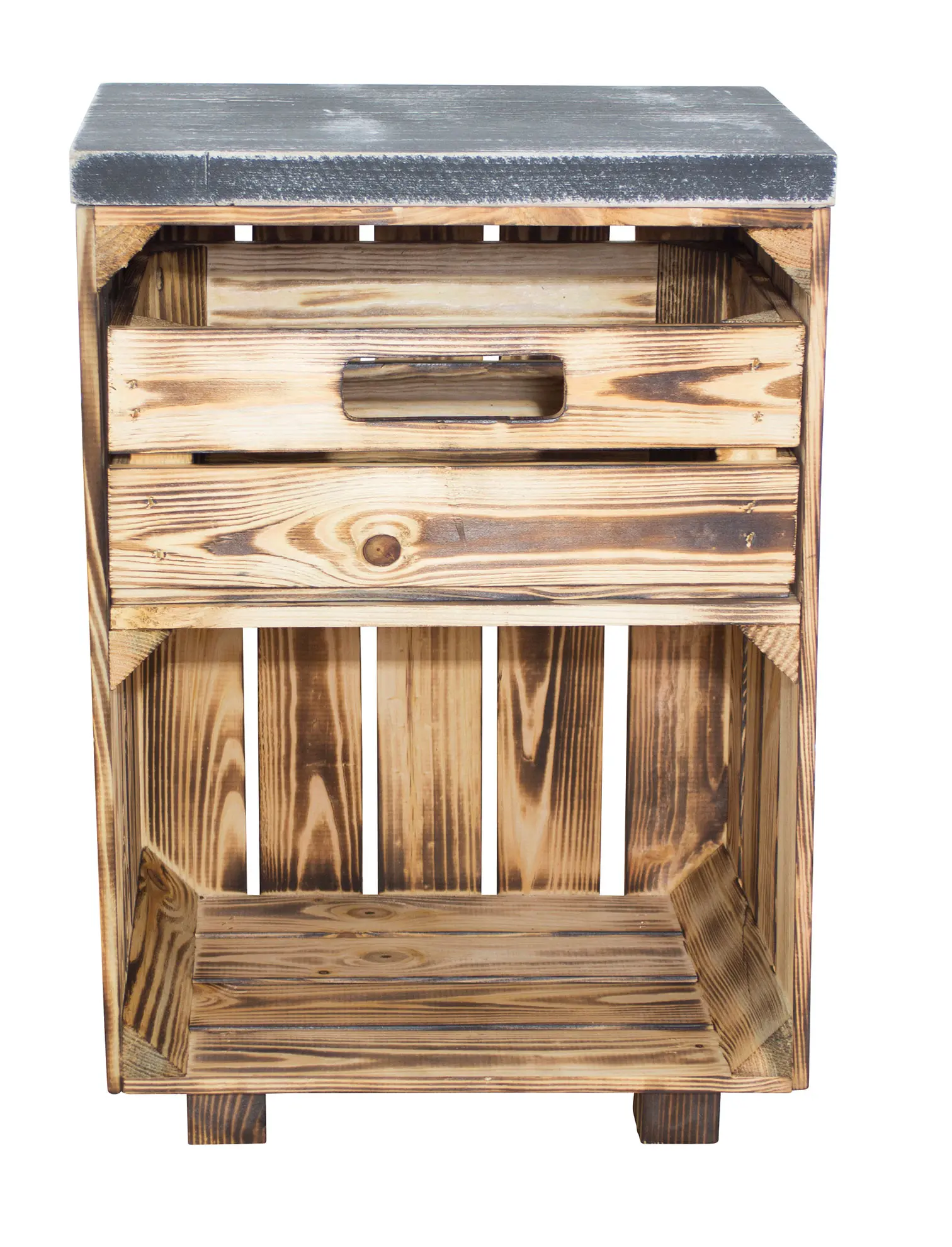Geflammter Nachttisch mit Schublade und einem shabby schwarzem Bohlenbrett auf Holzfüßen, 40x57x30,5 Geflammter Nachttisch mit Schublade und einem shabby schwarzem Bohlenbrett auf Holzfüßen, 40x57x30,5
