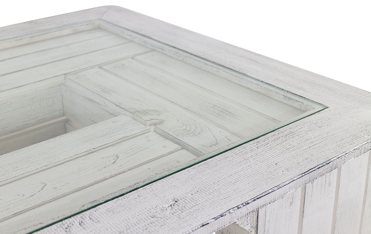 Weißer Tisch mit Glasplatte und Shabby Rahmen / besonders durch 4 Holzkisten für extra Stauraum / 85x85cm