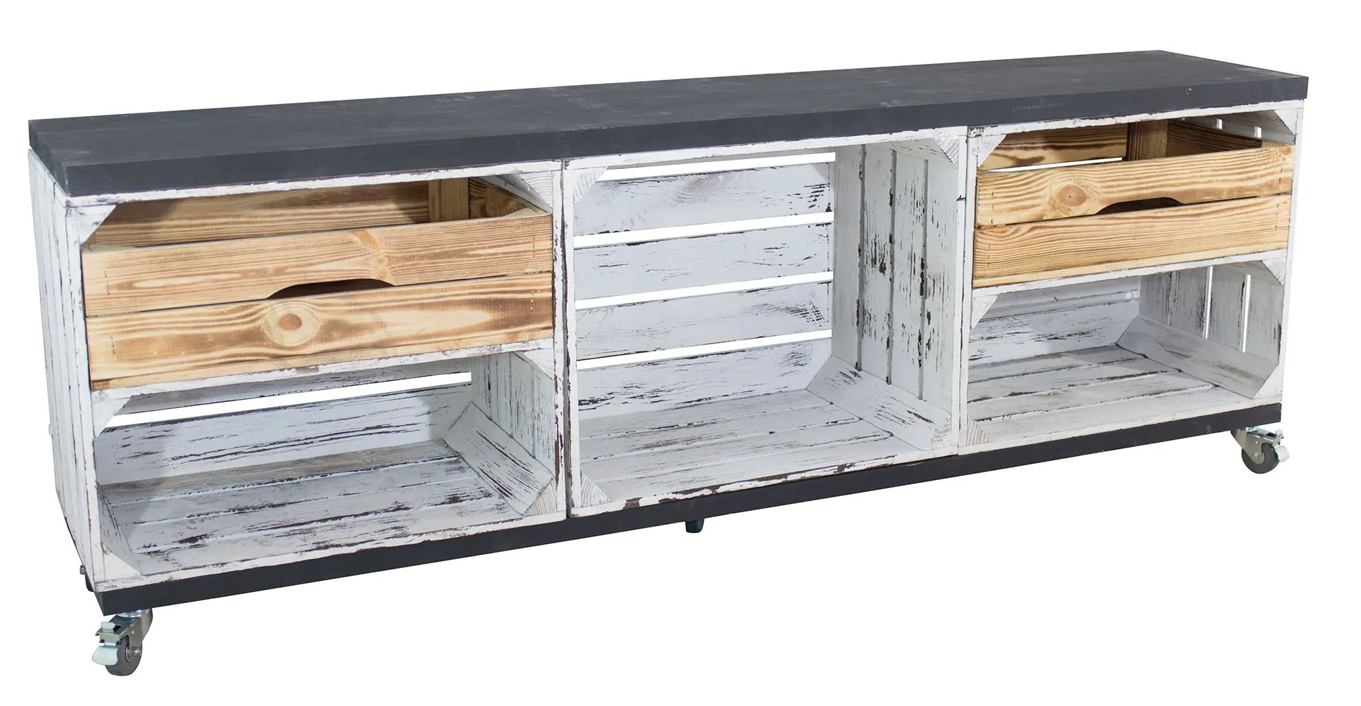 TV Schrank aus 3 Kisten in grau vintage mit 2 geflammten Schubladen mit 2 Bohlenbrettern in Schwarz auf Rollen, 150x53x30 TV Schrank aus 3 Kisten in grau vintage mit 2 geflammten Schubladen mit 2 Bohlenbrettern in Schwarz auf Rollen, 150x53x30