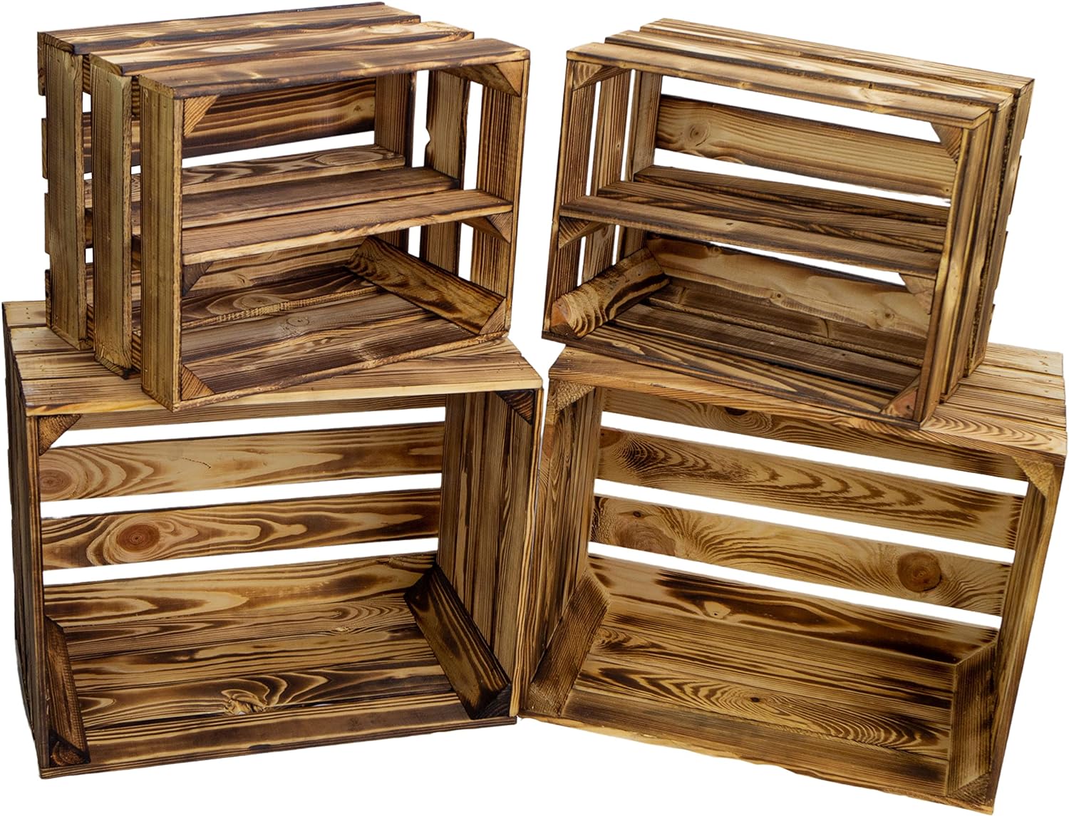 Kisten geflammt 50x40x29cm / 40x30x25cm Deko & Möbelkisten Wohnwand Obstkisten Weinkisten Optik DIY Upcycling (4er Set Mix mit Bella Längs)