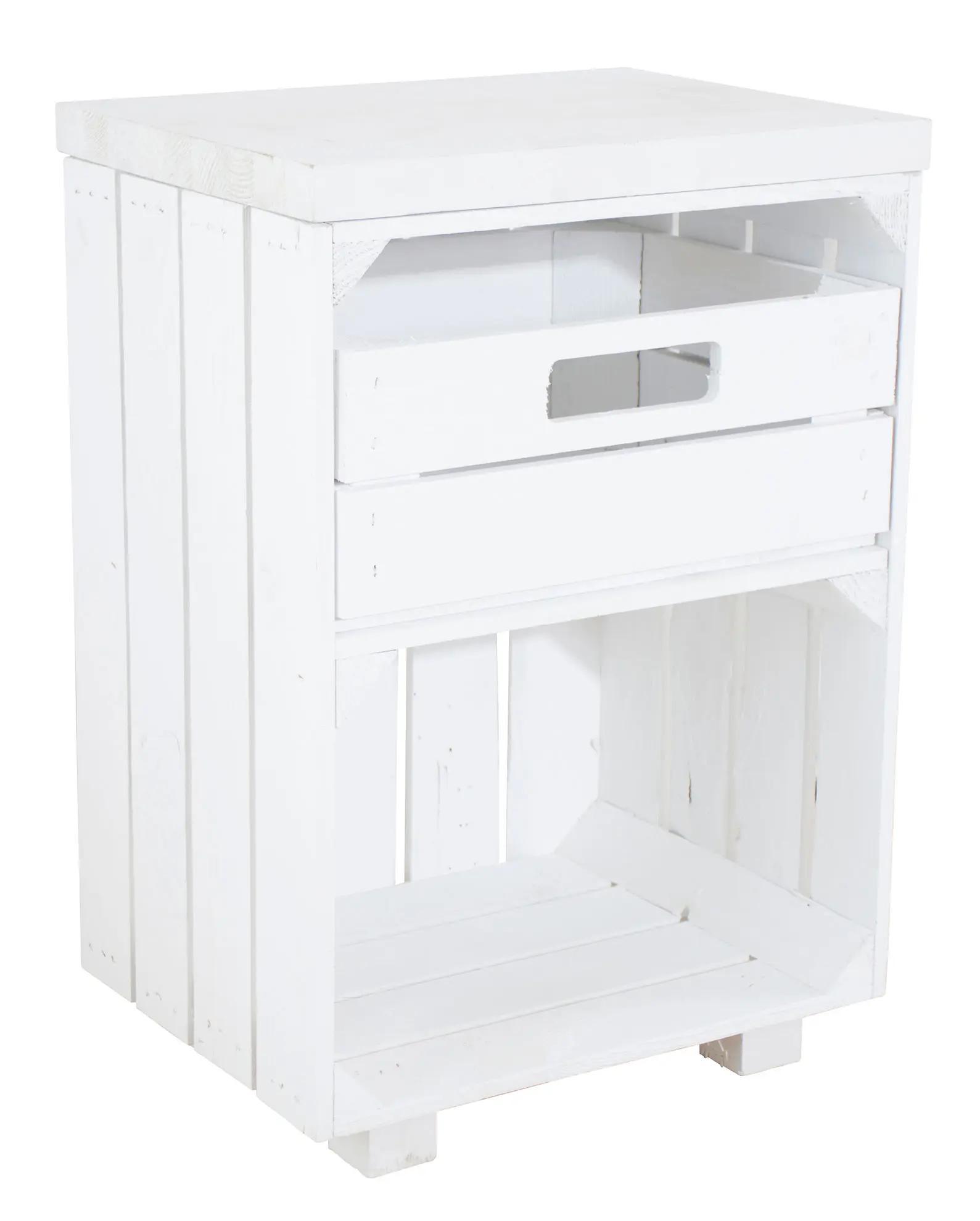 Nachttisch in weiß mit Schublade und Bohlenbrett in weiß auf Füßen 40x57x30 Nachttisch in weiß mit Schublade und Bohlenbrett in weiß auf Füßen 40x57x30